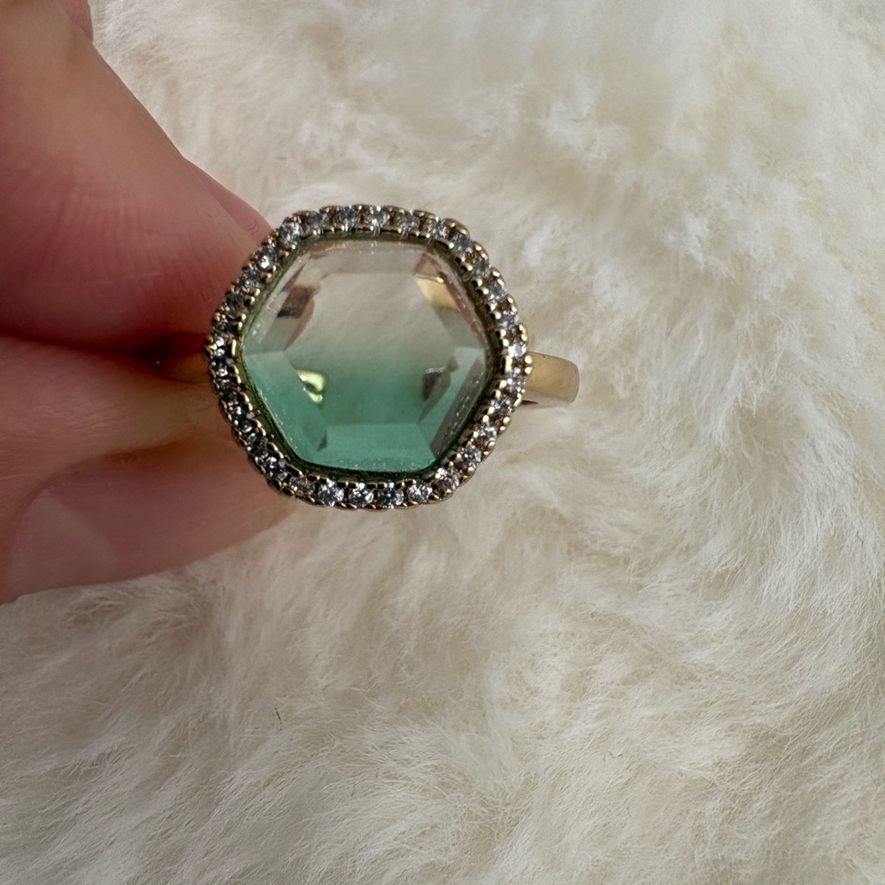 Gold-Tone Hexagon Green Crystal Halo Ring - By JDJ